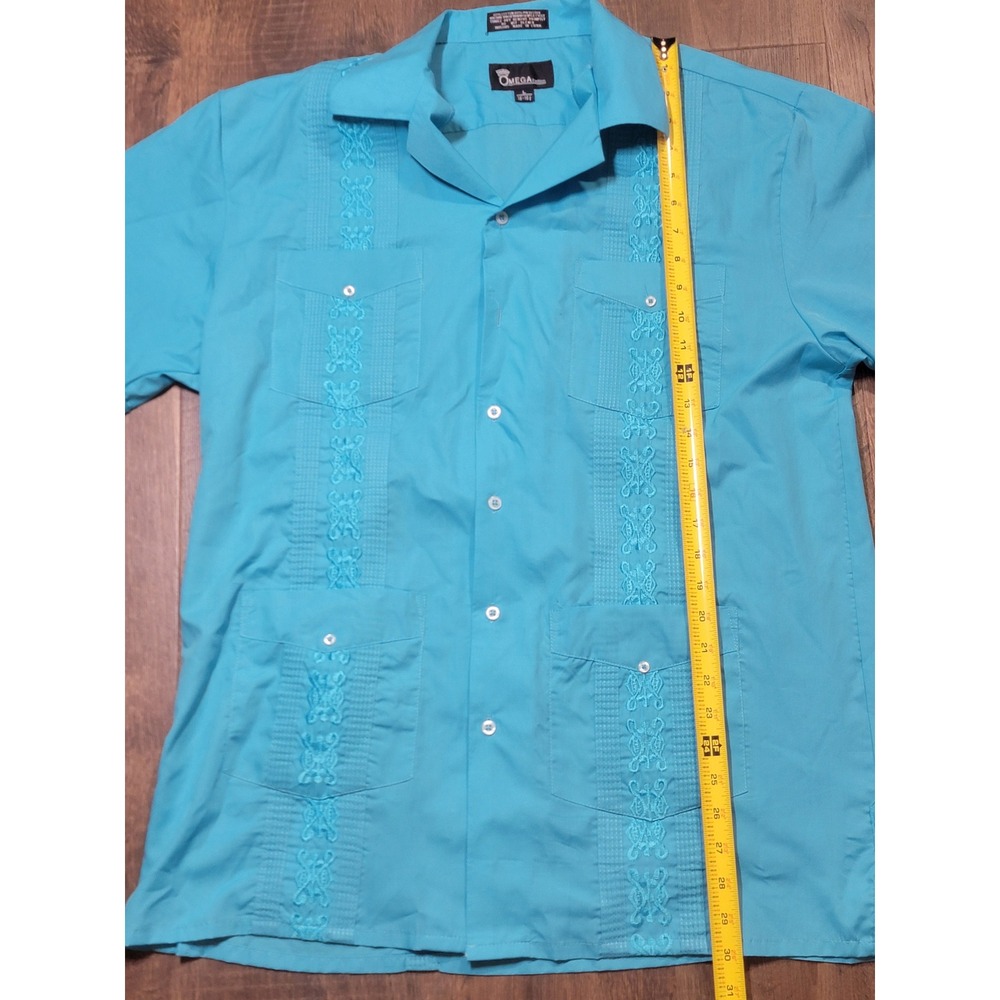 Omega Fashion‎ Mens Guayabera Shirt Short Sleeve Button Up Casual Dress Blue L